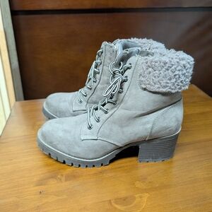 BAMBOO Gray Lace Up Boots with Chunky Heel